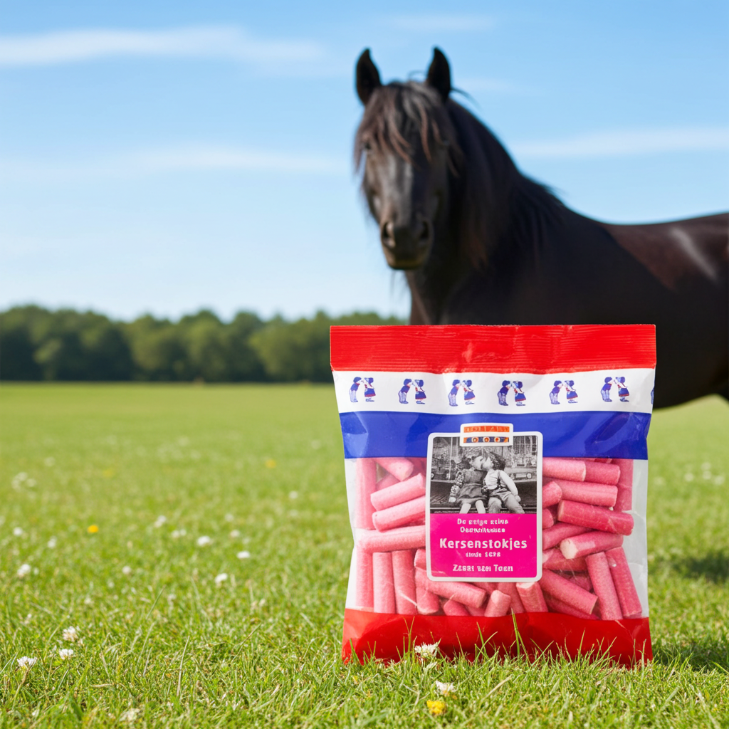 Geniet eindeloos van deze Oosterhoutse oud hollandse kermis snoep van Holland Foodz in een groen weiland samen met een fries, frisian paard, horse. Zoek, Klik en geniet. Vollop te verkrijgen in snoepwinkel candymixmatch.com