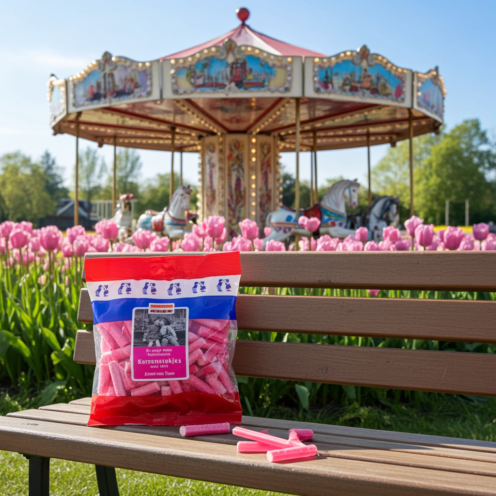 Heerlijk zittend op een bankje in een tulpenveld in het voorjaars zonnetje met oosterhoutse kermis snoep van Holland Foodz kersenstokjes, genietend van de smaak van toen of zoet van toen, jij ook genieten? koop dan snel bij snoepwinkel candymixmatch.com. 