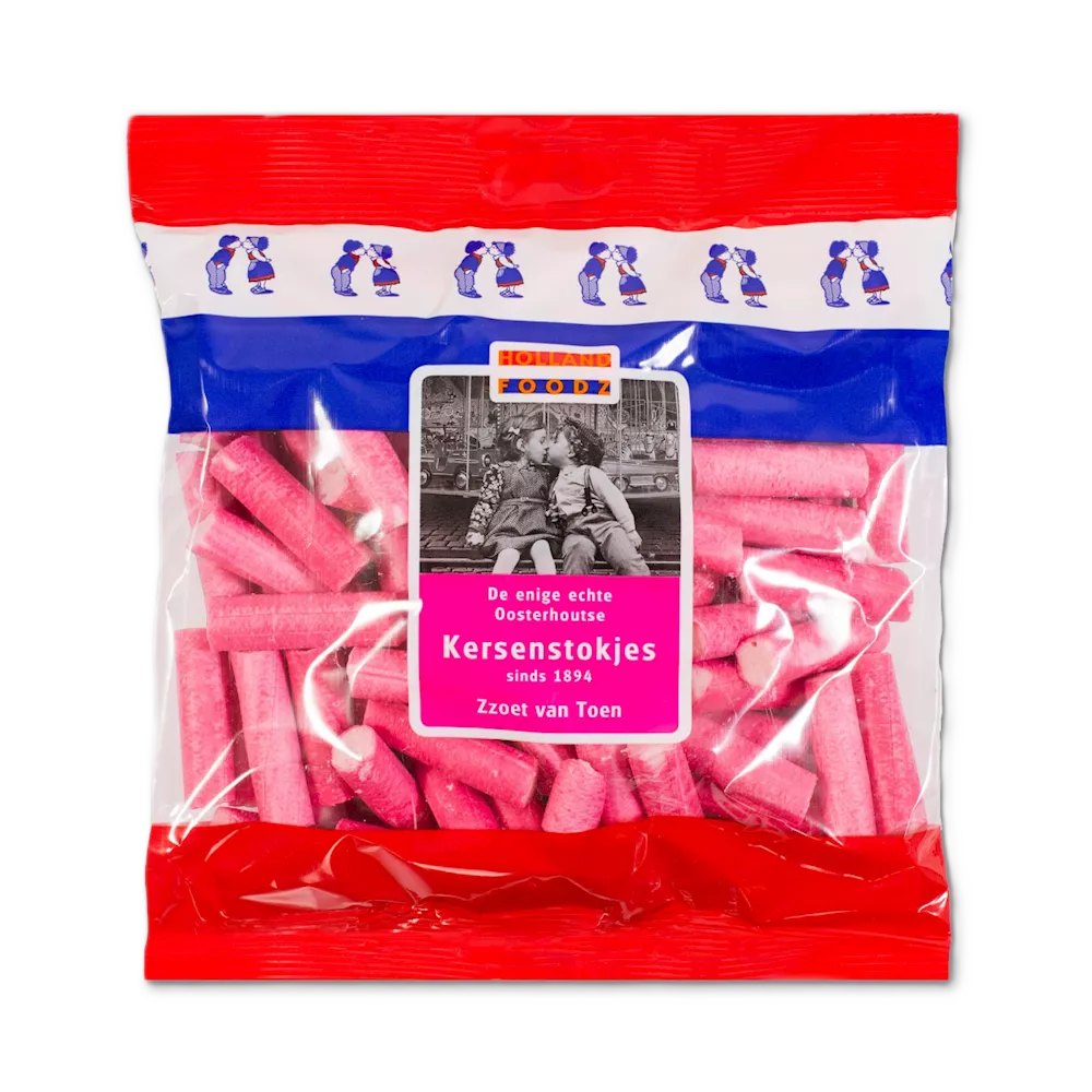 Smaak van toen, zoet van toen, heerlijk herinneringen ophalen met oosterhoutse kermis snoep kersenstokjes in een verpakking van 500 gram vollop te verkijgen in snoepwinkel candymixmatch.com