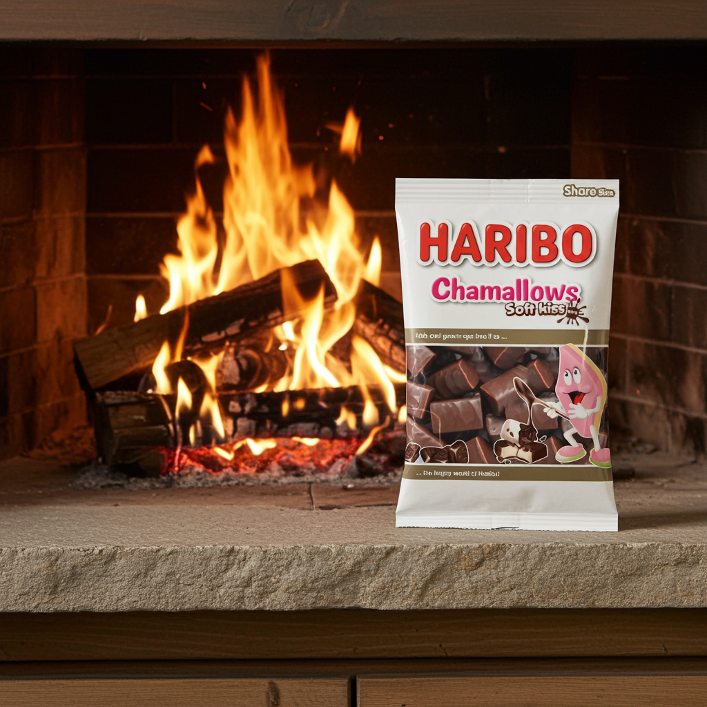 HARIBO Soft Kiss met zachte marshmallow en knapperige Belgische melkchocolade lekker voor bij een knetterend openhaard vuur